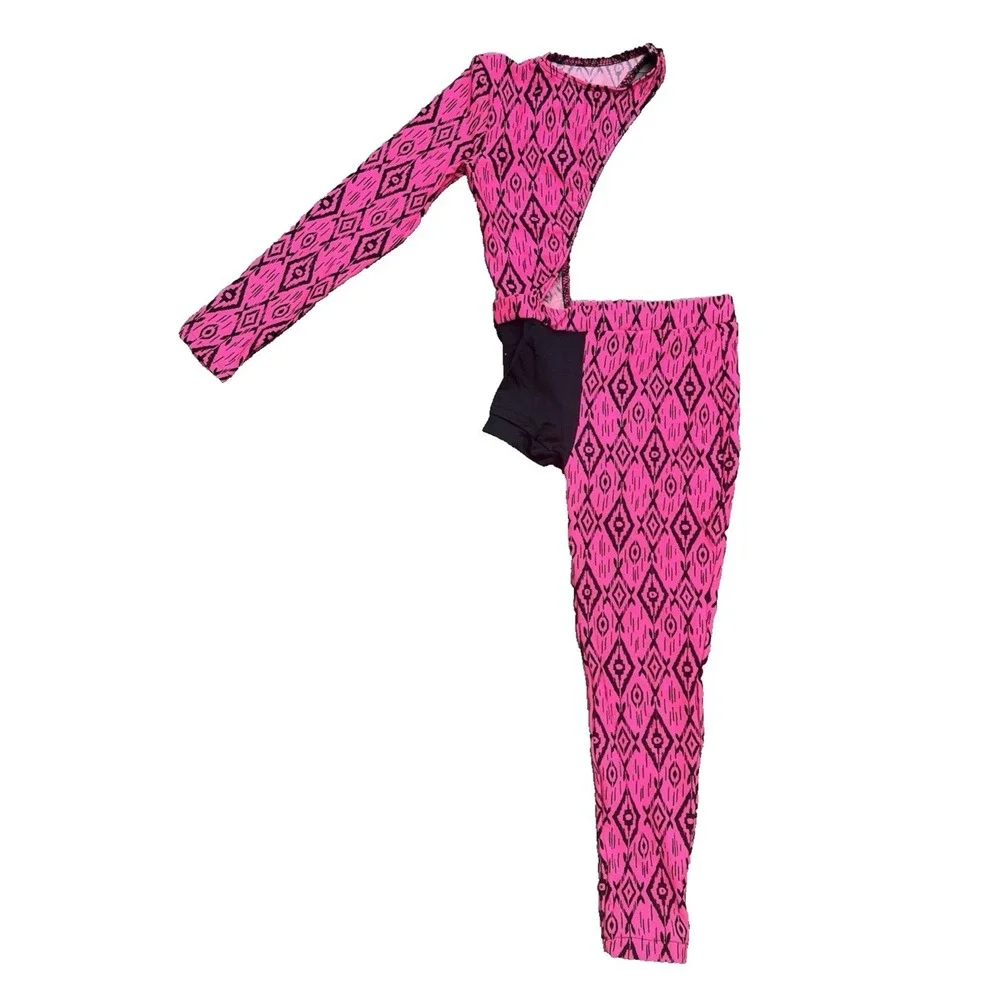 Weissman One Leg Arm Dance Costume Size M Hot Pink Black Cutout Biketard Unitard
